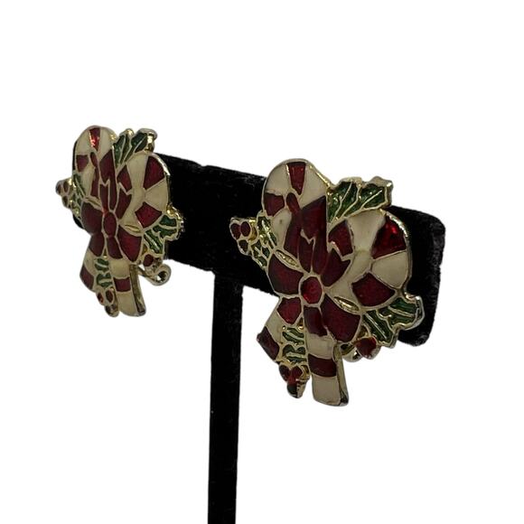 Vintage Christmas Candy Cane Earrings Festive Enamel Clip-On Holiday Jewelry Set - Picture 2 of 14